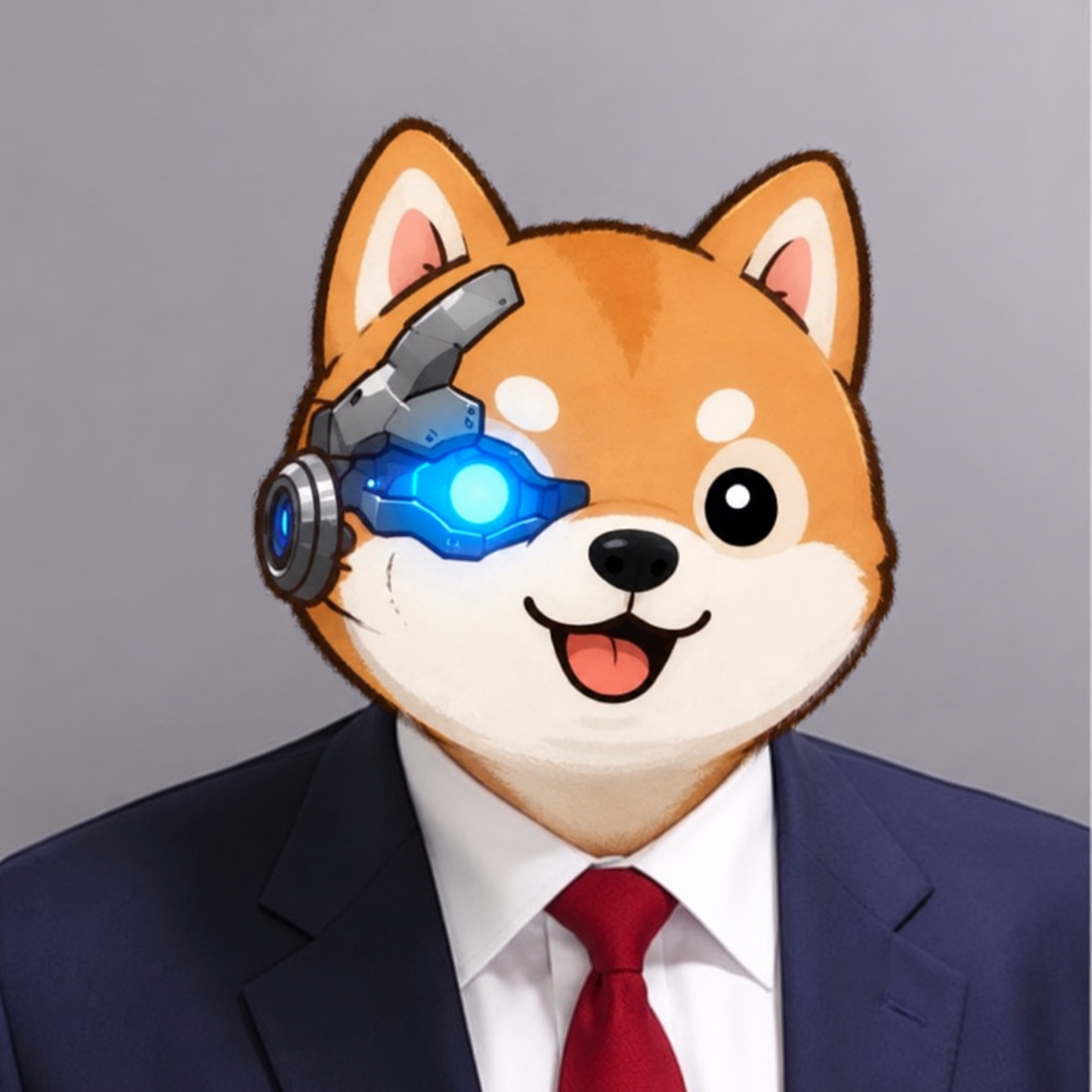 Artificial Crime, an orange cybernetic Shiba Inu in a navy suit